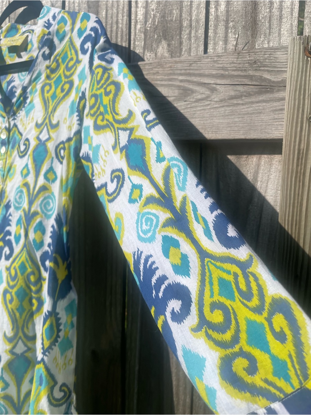 FINCH Blue & Lime Ikat Button-Front Tunic SZ M - Picture 4 of 10